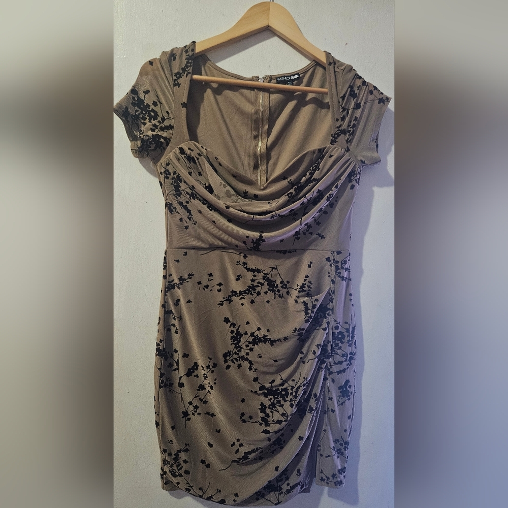 Elegant Taupe and Black Floral Dress